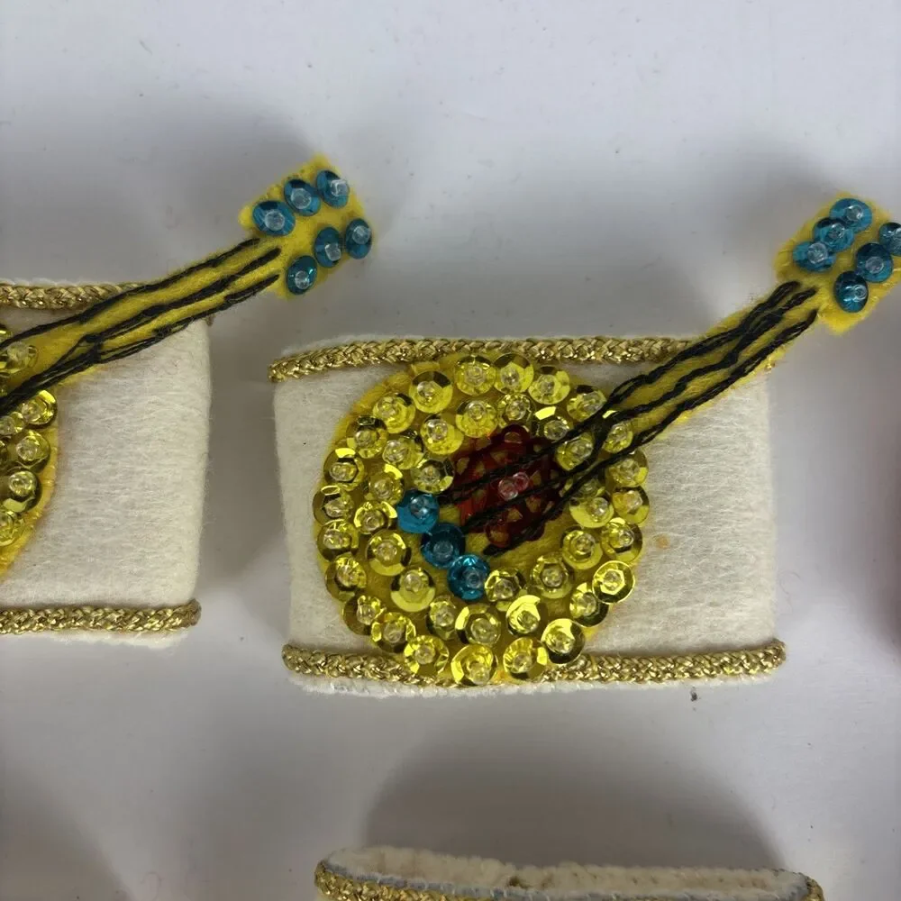 Vintage Homemade Christmas Napkin Rings Set of 8 Musical Instruments Sequins